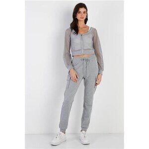 Heather Grey Contrast Women’s Fishnet Zip-up Top & Pants Set Large